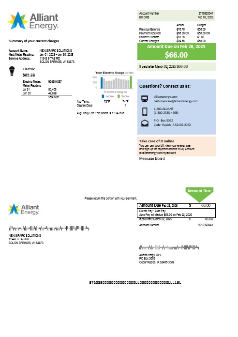 USA Wisconsin Alliant Energy electricity business utility bill template in Word and PDF formats